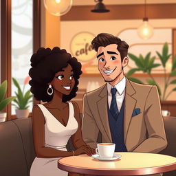 An animated scene featuring a beautiful black woman with curly hair, sitting alongside a handsome white man in a well-tailored suit