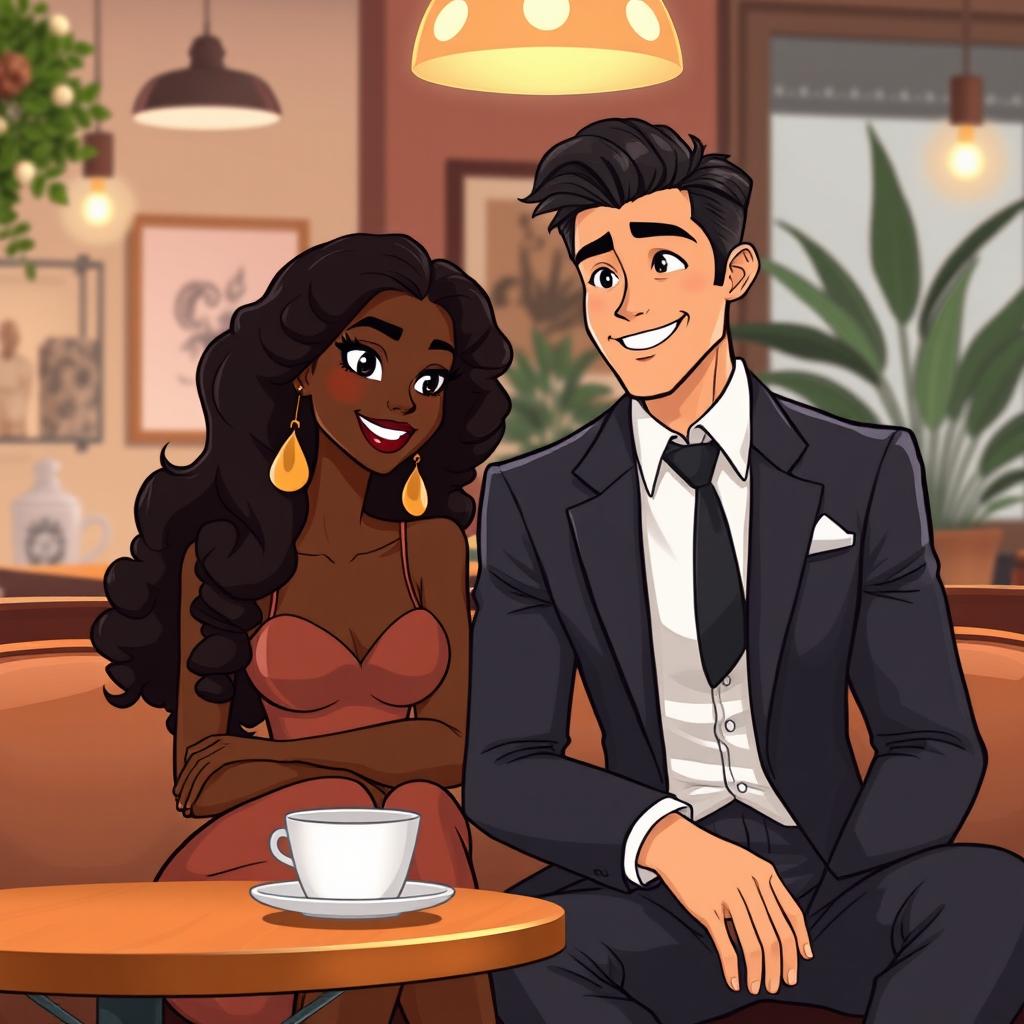 An animated scene featuring a beautiful black woman with curly hair, sitting alongside a handsome white man in a well-tailored suit