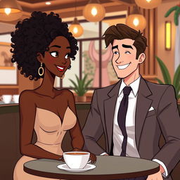 An animated scene featuring a beautiful black woman with curly hair, sitting alongside a handsome white man in a well-tailored suit