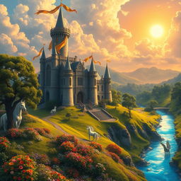 A majestic fantasy castle nestled on top of a lush green hill, surrounded by vibrant flowers and ancient trees