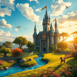 A majestic fantasy castle nestled on top of a lush green hill, surrounded by vibrant flowers and ancient trees