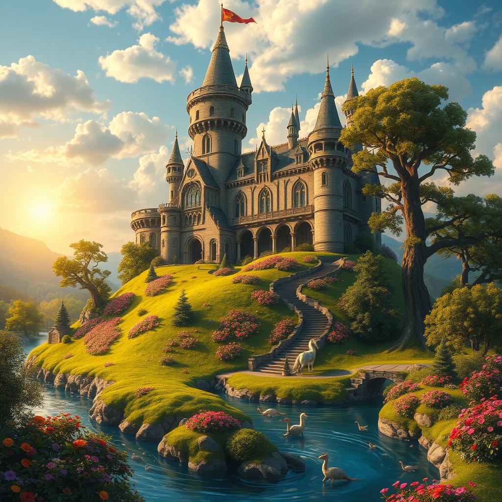 A majestic fantasy castle nestled on top of a lush green hill, surrounded by vibrant flowers and ancient trees