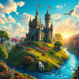 A majestic fantasy castle nestled on top of a lush green hill, surrounded by vibrant flowers and ancient trees