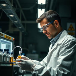 A tall and handsome man meticulously working late at night in a laboratory, producing a radioactive 99mTc generator intended for hospital use