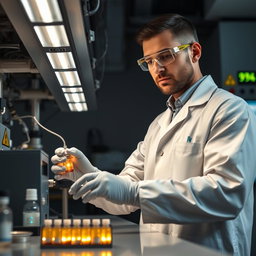 A tall and handsome man meticulously working late at night in a laboratory, producing a radioactive 99mTc generator intended for hospital use