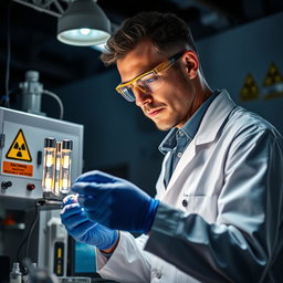 A tall and handsome man meticulously working late at night in a laboratory, producing a radioactive 99mTc generator intended for hospital use