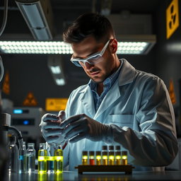 A tall and handsome man meticulously working late at night in a laboratory, producing a radioactive 99mTc generator intended for hospital use