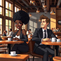 An animated scene depicting a beautiful black woman with luscious curly hair sitting comfortably with a handsome white man in a well-fitted suit in a trendy coffee shop