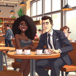 An animated scene depicting a beautiful black woman with luscious curly hair sitting comfortably with a handsome white man in a well-fitted suit in a trendy coffee shop