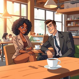 An animated scene depicting a beautiful black woman with luscious curly hair sitting comfortably with a handsome white man in a well-fitted suit in a trendy coffee shop