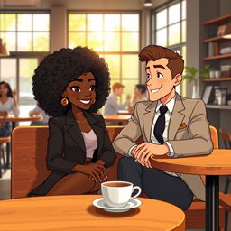 An animated scene depicting a beautiful black woman with luscious curly hair sitting comfortably with a handsome white man in a well-fitted suit in a trendy coffee shop