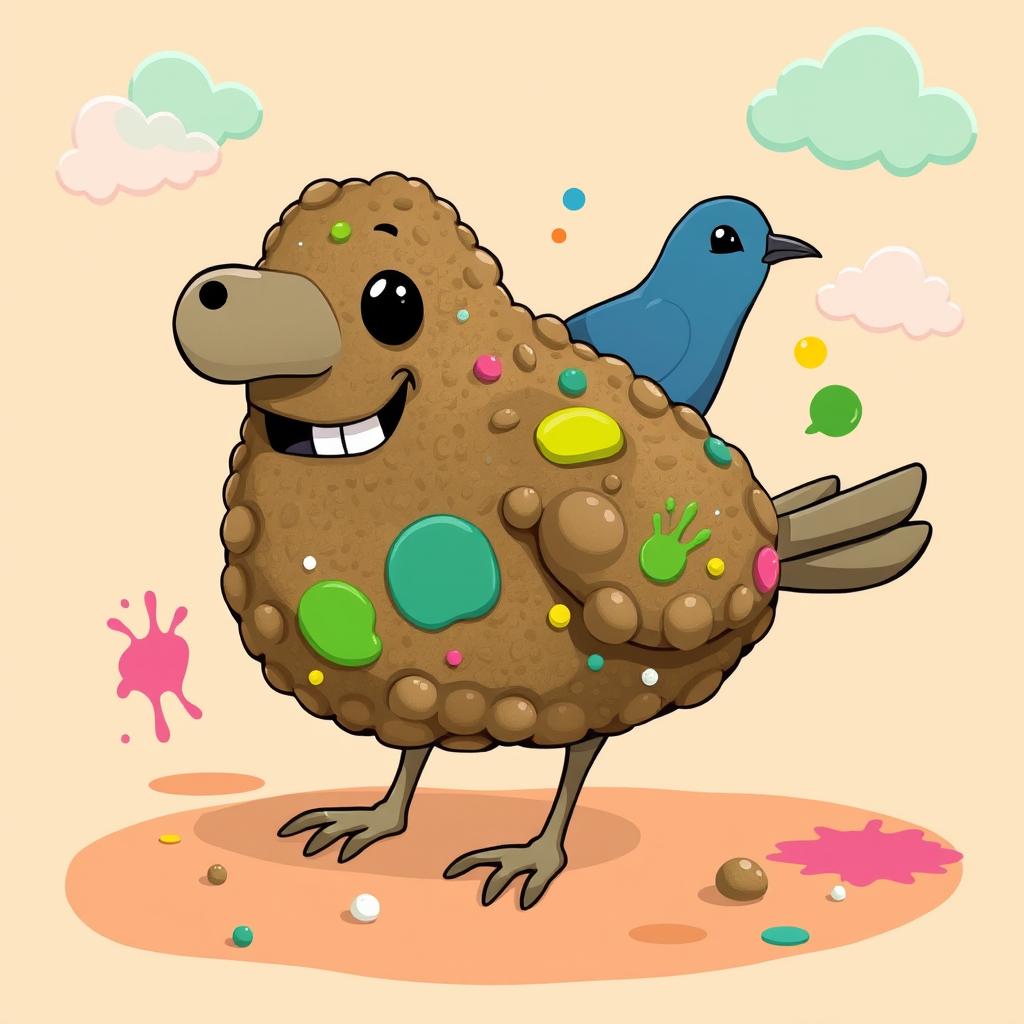 A whimsical and surreal creature that combines elements of dog feces and pigeon excrement, represented in a playful and artistic manner