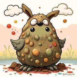 A whimsical and surreal creature that combines elements of dog feces and pigeon excrement, represented in a playful and artistic manner