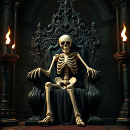 A skeleton character sitting slumped and beaten on a lavish black throne, surrounded by intricately designed gothic columns adorned with dark, ominous patterns