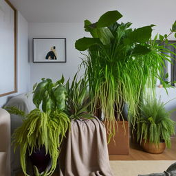 Variety of verdant houseplants arranged tastefully in a cozy and stylish bedroom