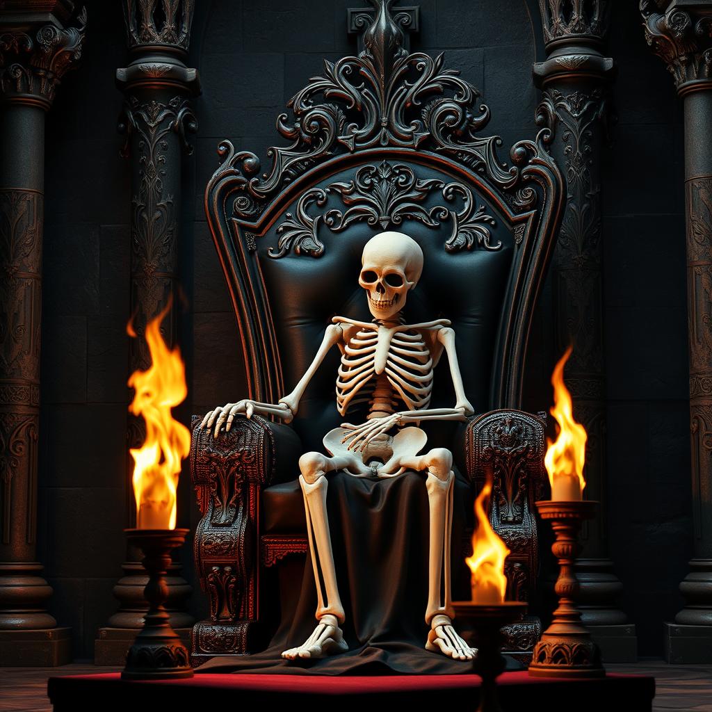 A skeleton character sitting slumped and beaten on a lavish black throne, surrounded by intricately designed gothic columns adorned with dark, ominous patterns