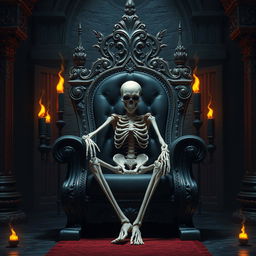 A skeleton character sitting slumped and beaten on a lavish black throne, surrounded by intricately designed gothic columns adorned with dark, ominous patterns