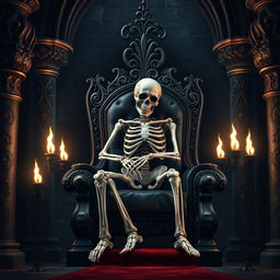 A skeleton character sitting slumped and beaten on a lavish black throne, surrounded by intricately designed gothic columns adorned with dark, ominous patterns