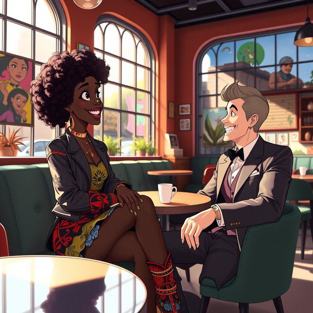 An animated scene depicting a beautiful hip and artsy black woman with vibrant curly hair, sitting with a handsome white man in a crisp suit in a trendy coffee shop