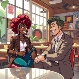 An animated scene depicting a beautiful hip and artsy black woman with vibrant curly hair, sitting with a handsome white man in a crisp suit in a trendy coffee shop