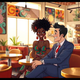 An animated scene depicting a beautiful hip and artsy black woman with vibrant curly hair, sitting with a handsome white man in a crisp suit in a trendy coffee shop