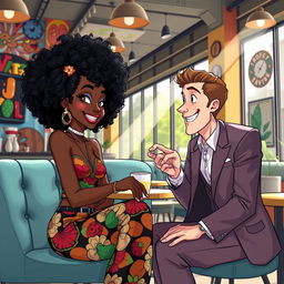 An animated scene depicting a beautiful hip and artsy black woman with vibrant curly hair, sitting with a handsome white man in a crisp suit in a trendy coffee shop