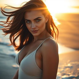 A strikingly beautiful woman with an alluring expression, featuring captivating green eyes and flowing brunette hair