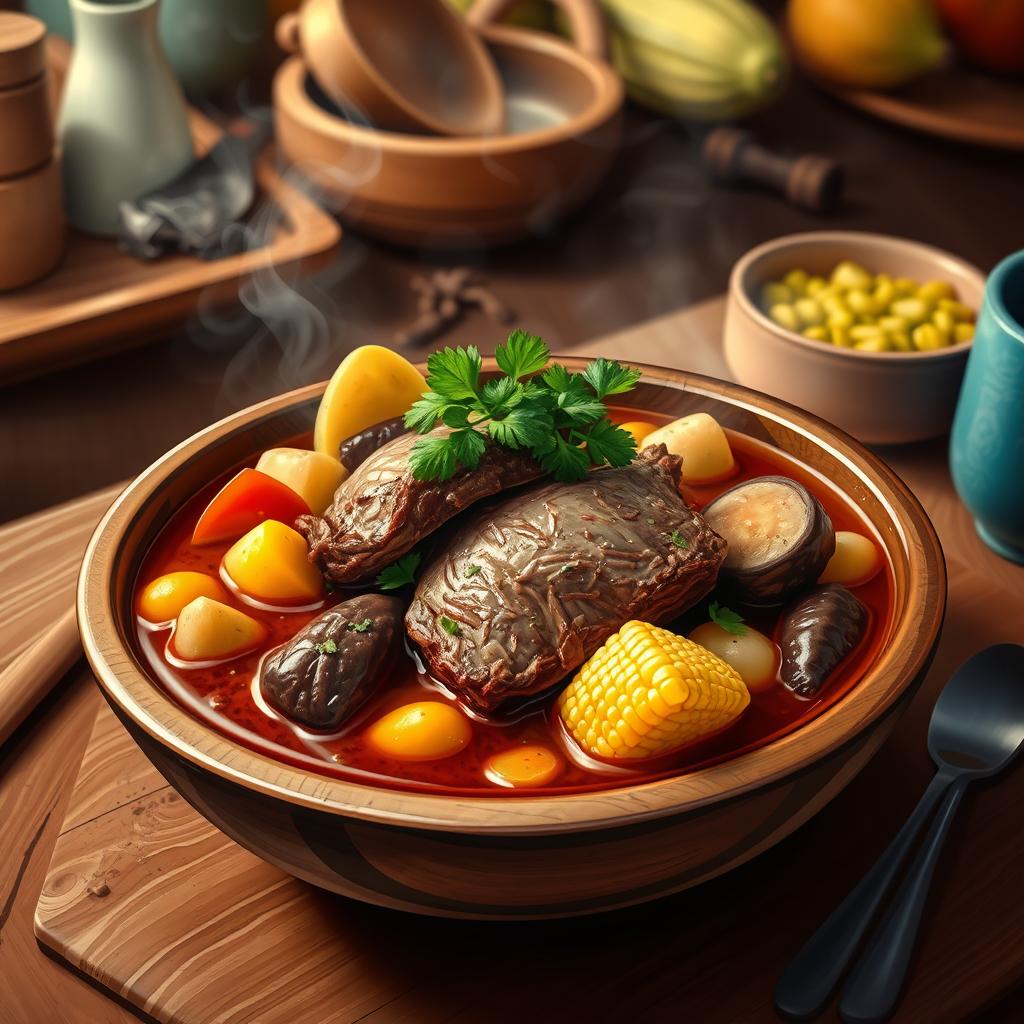 An artistic and vibrant depiction of a traditional sancocho, a hearty soup, featuring dog meat as the main ingredient