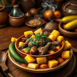 An artistic and vibrant depiction of a traditional sancocho, a hearty soup, featuring dog meat as the main ingredient