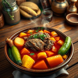 An artistic and vibrant depiction of a traditional sancocho, a hearty soup, featuring dog meat as the main ingredient