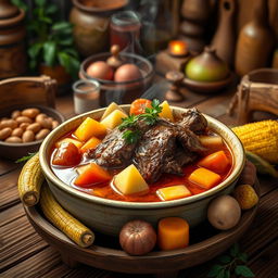 An artistic and vibrant depiction of a traditional sancocho, a hearty soup, featuring dog meat as the main ingredient
