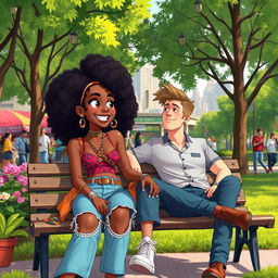 An animated scene of a beautiful hip and artsy medium brown black woman with curly hair, sitting comfortably next to a handsome white man on a park bench in a vibrant city park