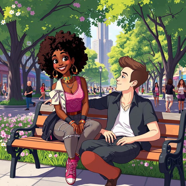An animated scene of a beautiful hip and artsy medium brown black woman with curly hair, sitting comfortably next to a handsome white man on a park bench in a vibrant city park
