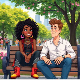 An animated scene of a beautiful hip and artsy medium brown black woman with curly hair, sitting comfortably next to a handsome white man on a park bench in a vibrant city park