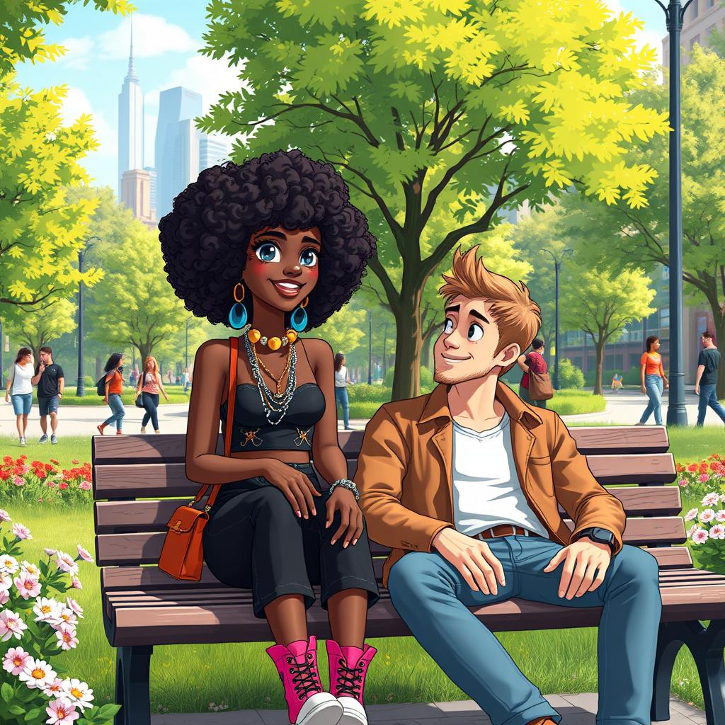 An animated scene of a beautiful hip and artsy medium brown black woman with curly hair, sitting comfortably next to a handsome white man on a park bench in a vibrant city park