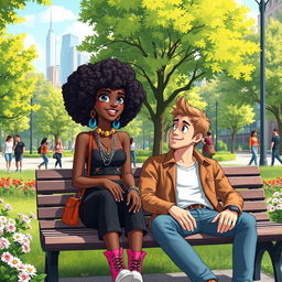 An animated scene of a beautiful hip and artsy medium brown black woman with curly hair, sitting comfortably next to a handsome white man on a park bench in a vibrant city park