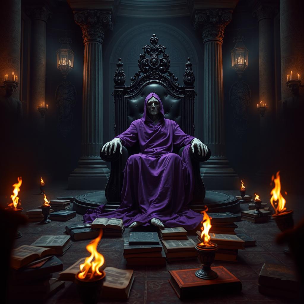 A dramatic scene featuring a purple robed corpse sitting on a black throne