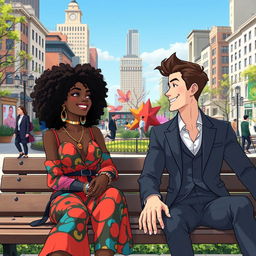An animated scene featuring a beautiful hip and artsy medium brown black woman with vibrant curly hair, sitting beside a handsome white man in a sleek suit on a park bench in a lively city