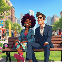 An animated scene featuring a beautiful hip and artsy medium brown black woman with vibrant curly hair, sitting beside a handsome white man in a sleek suit on a park bench in a lively city