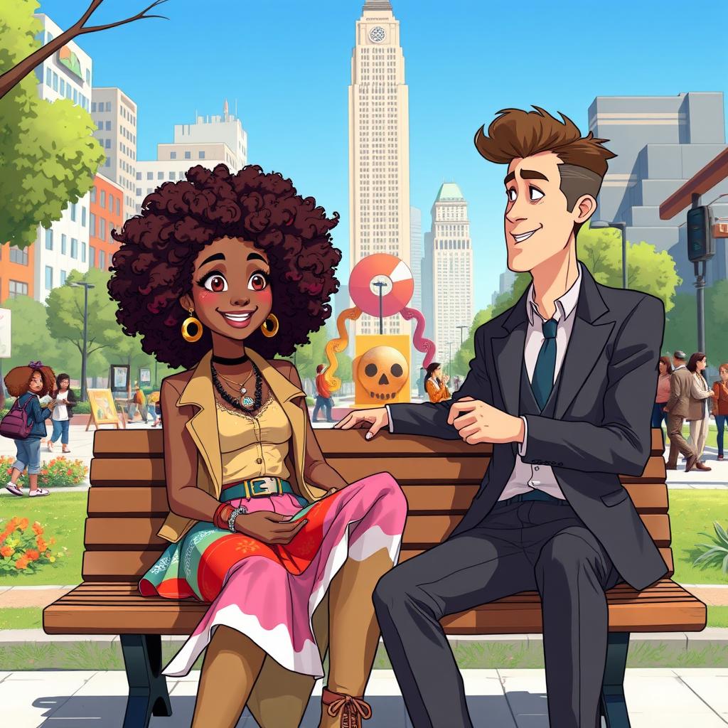 An animated scene featuring a beautiful hip and artsy medium brown black woman with vibrant curly hair, sitting beside a handsome white man in a sleek suit on a park bench in a lively city