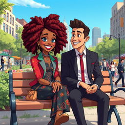 An animated scene featuring a beautiful hip and artsy medium brown black woman with vibrant curly hair, sitting beside a handsome white man in a sleek suit on a park bench in a lively city
