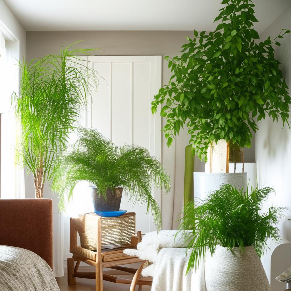 Variety of verdant houseplants arranged tastefully in a cozy and stylish bedroom