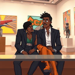 An animated scene featuring a beautiful hip and artsy medium brown black woman with curly hair, sitting alongside a handsome white man in a sharp suit at a contemporary art museum