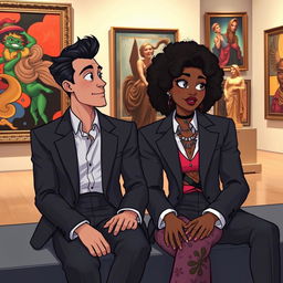 An animated scene featuring a beautiful hip and artsy medium brown black woman with curly hair, sitting alongside a handsome white man in a sharp suit at a contemporary art museum