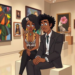 An animated scene featuring a beautiful hip and artsy medium brown black woman with curly hair, sitting alongside a handsome white man in a sharp suit at a contemporary art museum