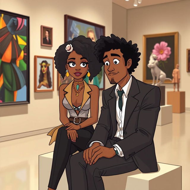 An animated scene featuring a beautiful hip and artsy medium brown black woman with curly hair, sitting alongside a handsome white man in a sharp suit at a contemporary art museum