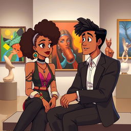 An animated scene featuring a beautiful hip and artsy medium brown black woman with curly hair, sitting alongside a handsome white man in a sharp suit at a contemporary art museum