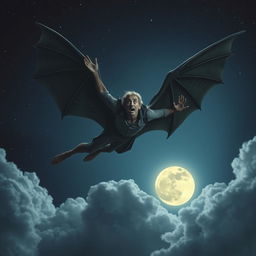 A dramatic scene depicting a man being carried by a Lovecraftian ghoul-like creature with large bat wings, soaring through a night sky illuminated by a full moon