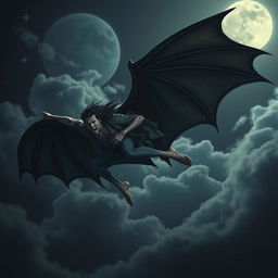 A dramatic scene depicting a man being carried by a Lovecraftian ghoul-like creature with large bat wings, soaring through a night sky illuminated by a full moon
