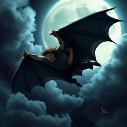 A dramatic scene depicting a man being carried by a Lovecraftian ghoul-like creature with large bat wings, soaring through a night sky illuminated by a full moon